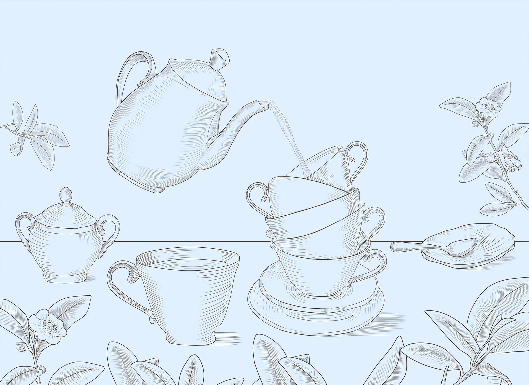 Teapot pouring into a stack of teacups