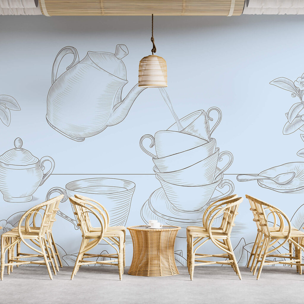 Čajník nalieva do stohu čajových šálok