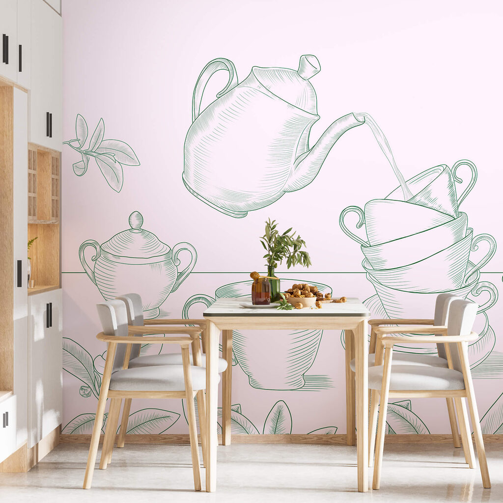 Čajník nalieva čaj do stohu šálok Čajník nalieva čaj do stohu šálok