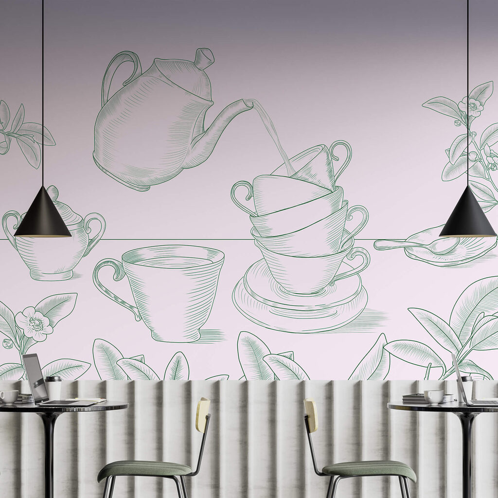 Čajník nalieva čaj do stohu šálok Čajník nalieva čaj do stohu šálok