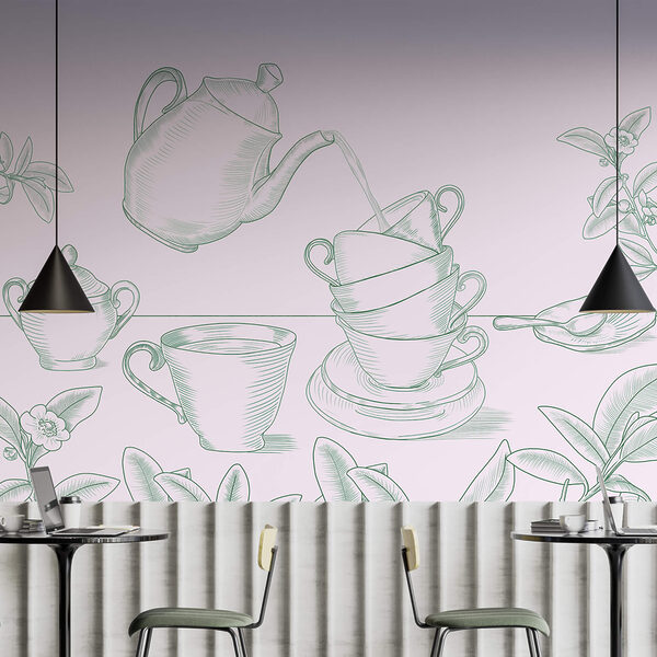 Čajník nalieva čaj do stohu šálok Čajník nalieva čaj do stohu šálok