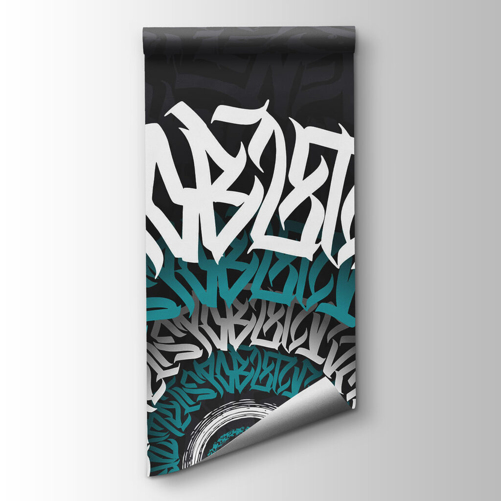 White and blue graffiti on a black background