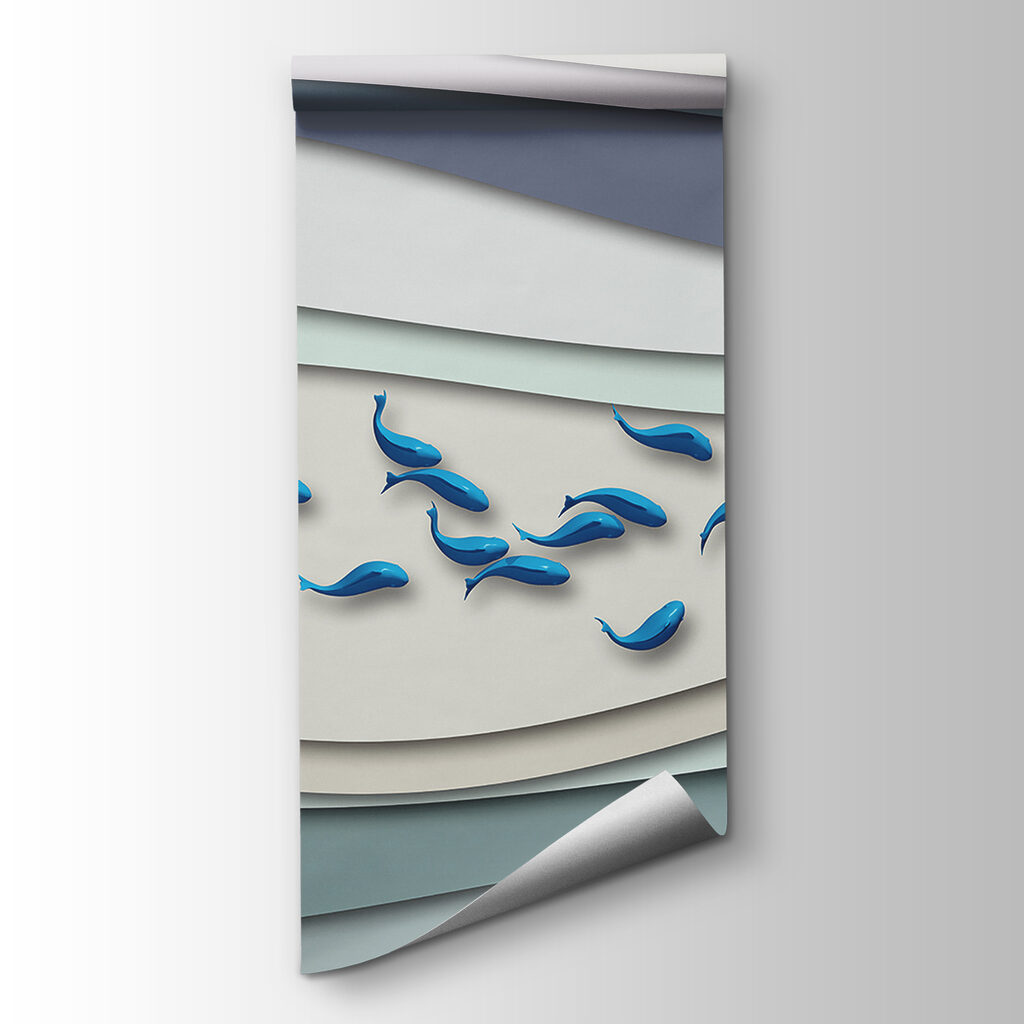 Group of blue fish swimming in a group of waves