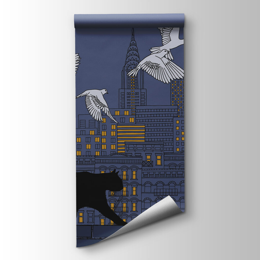 Cat walking on a wall with birds flying in the sky Cat walking on a wall with birds flying in the sky