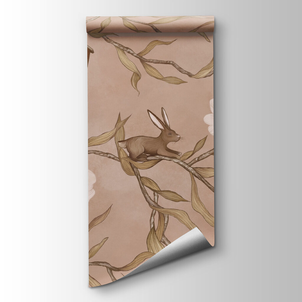 Wallpaper with rabbits and flowers