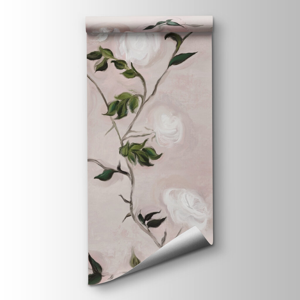 Painting of a branch with white flowers and green leaves