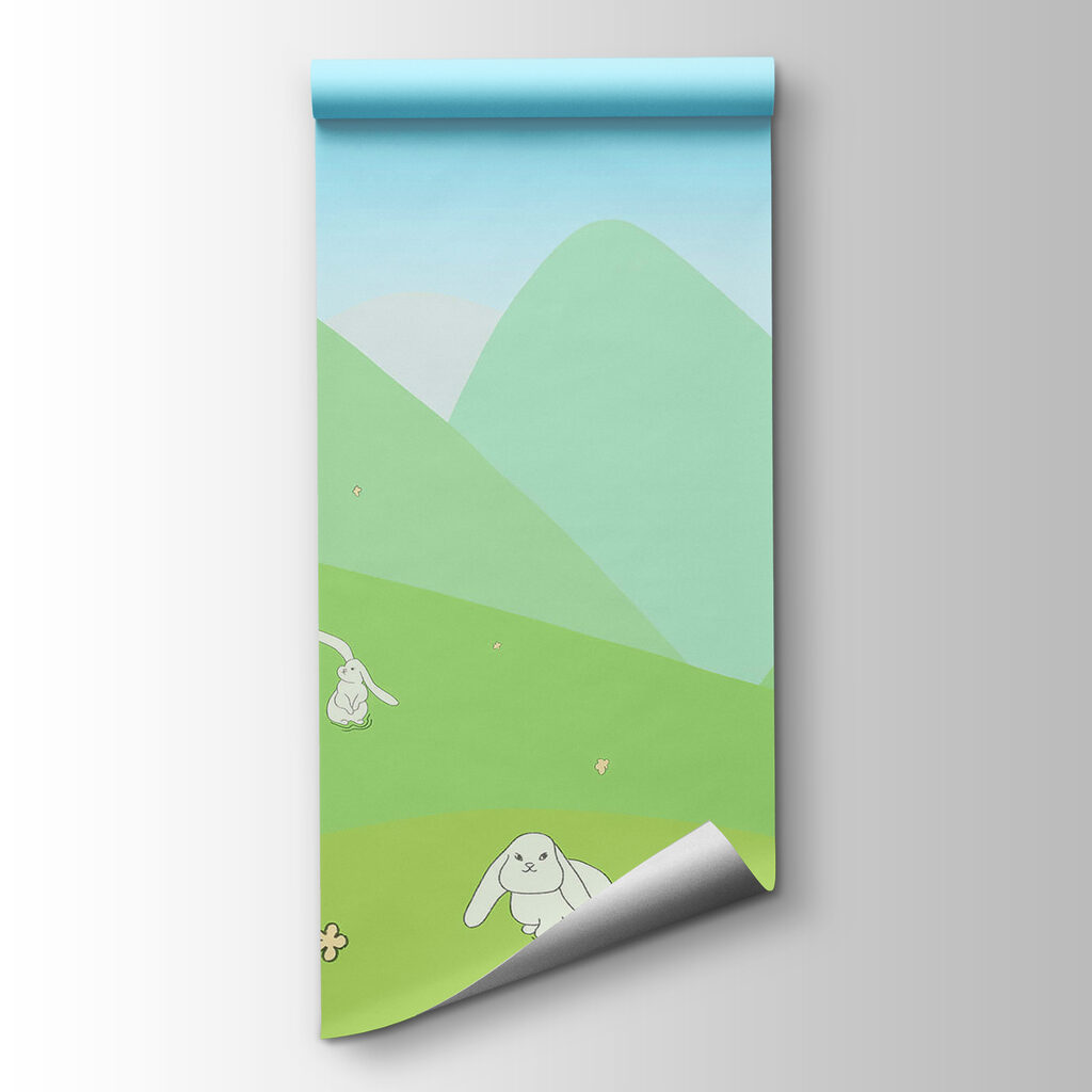 Cartoon of bunnies on a green hill Cartoon of bunnies on a green hill