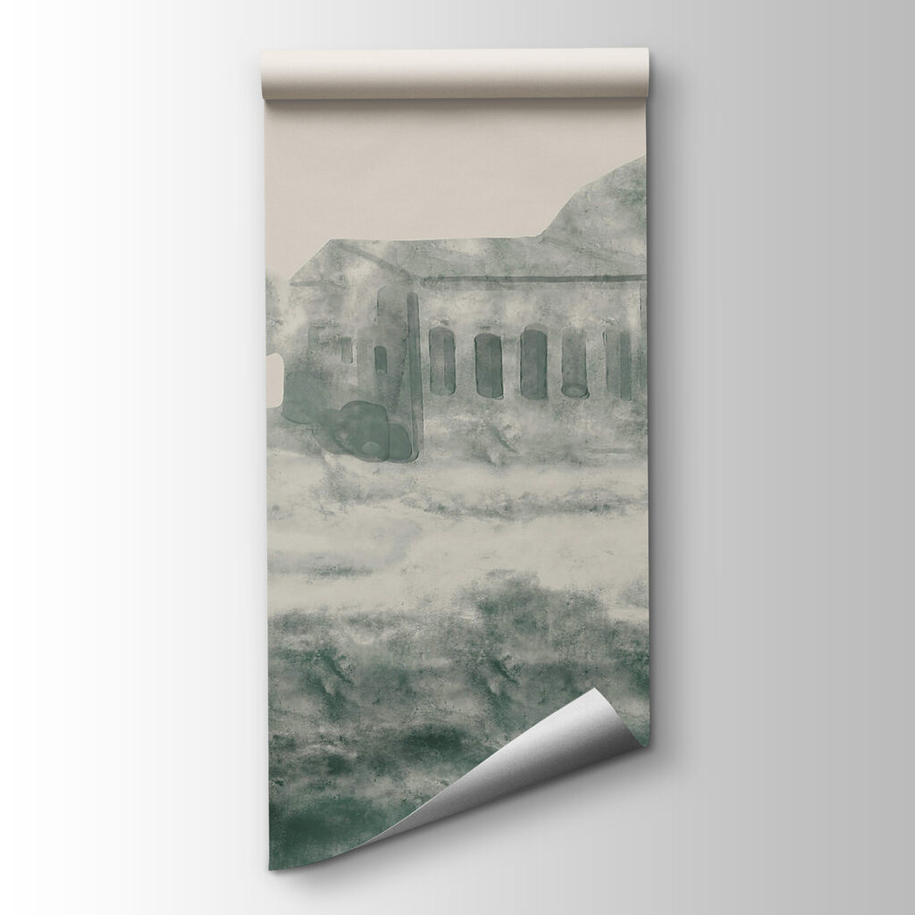 Painting of a building and a mountain Painting of a building and a mountain