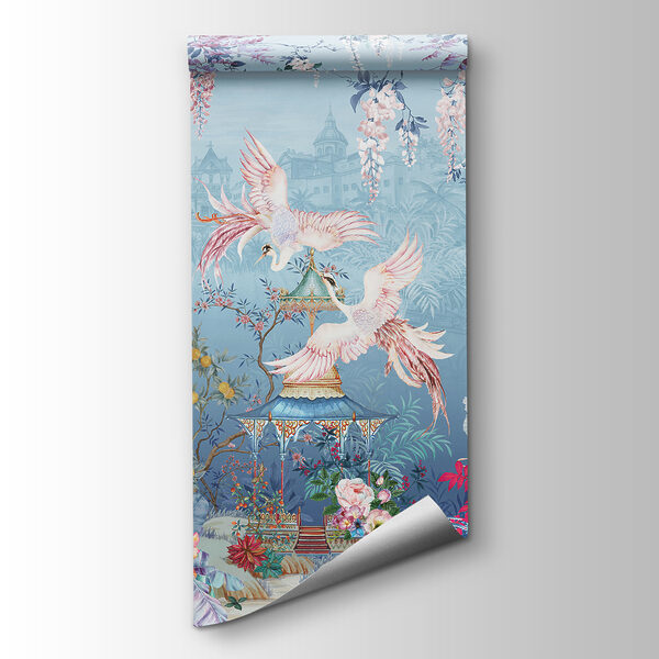 Painting of birds flying over a pagoda and flowers