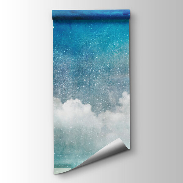 Blue sky with clouds and a crescent moon Blue sky with clouds and a crescent moon