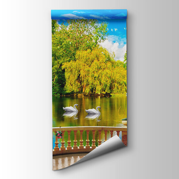 View of a pond with birds and trees View of a pond with birds and trees