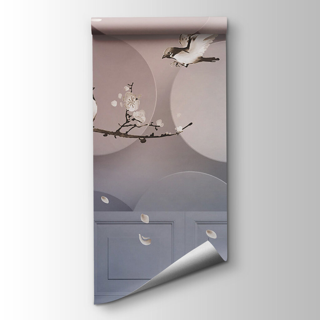 Wall mural of birds on a branch with white circles and white circles Wall mural of birds on a branch with white circles and white circles