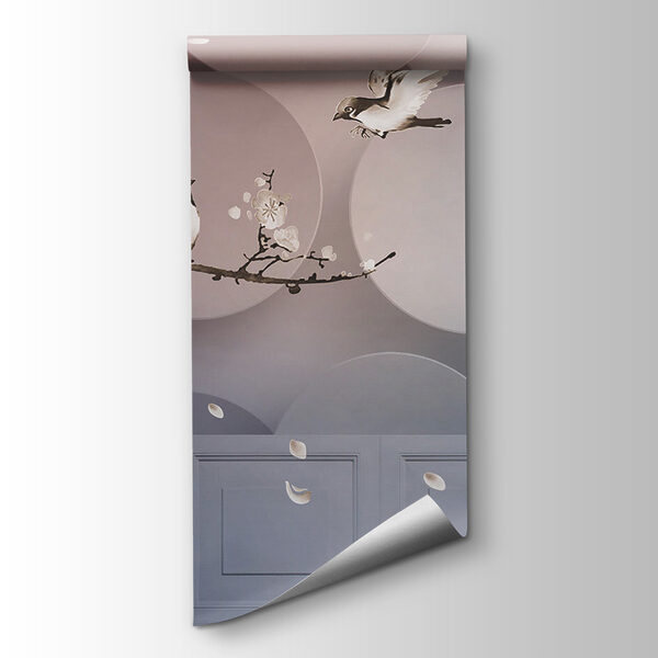 Wall mural of birds on a branch with white circles and white circles Wall mural of birds on a branch with white circles and white circles