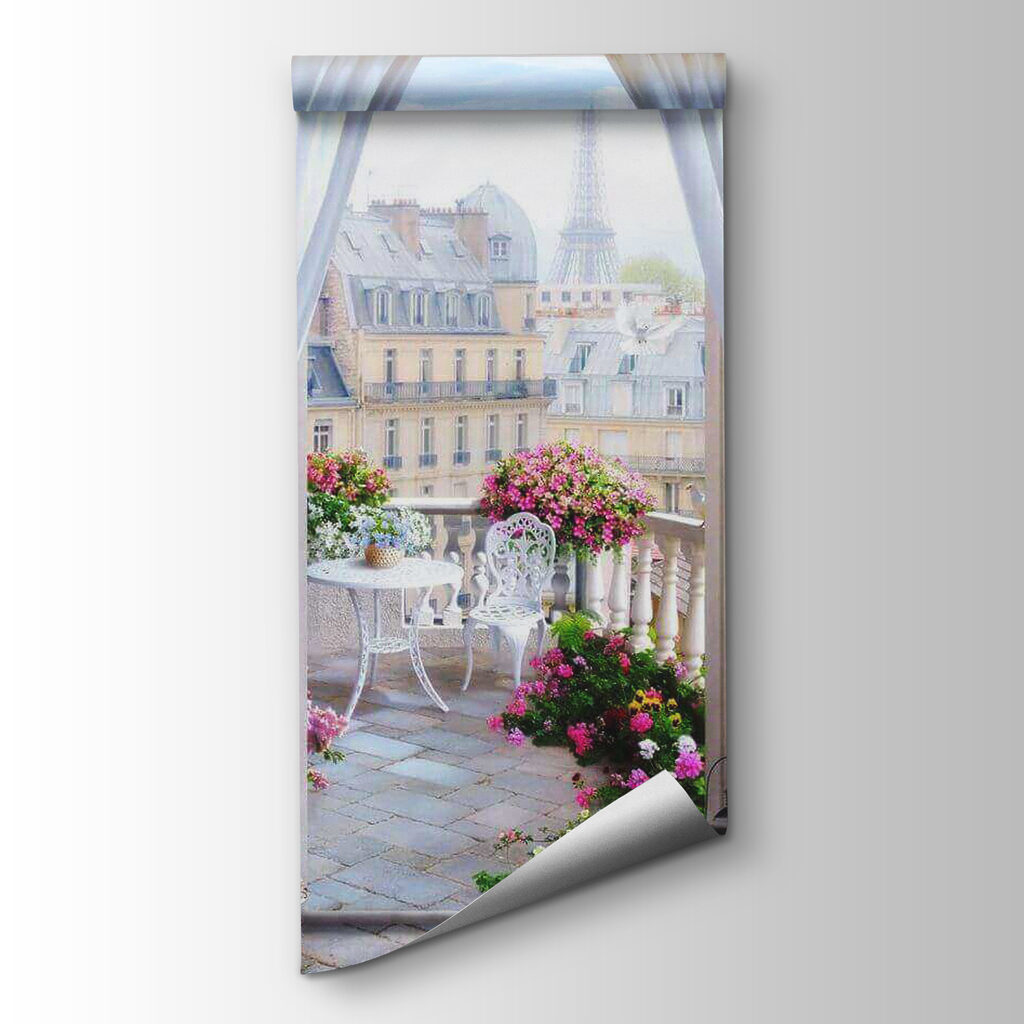 View of a balcony with a view of the eiffel tower from the window View of a balcony with a view of the eiffel tower from the window