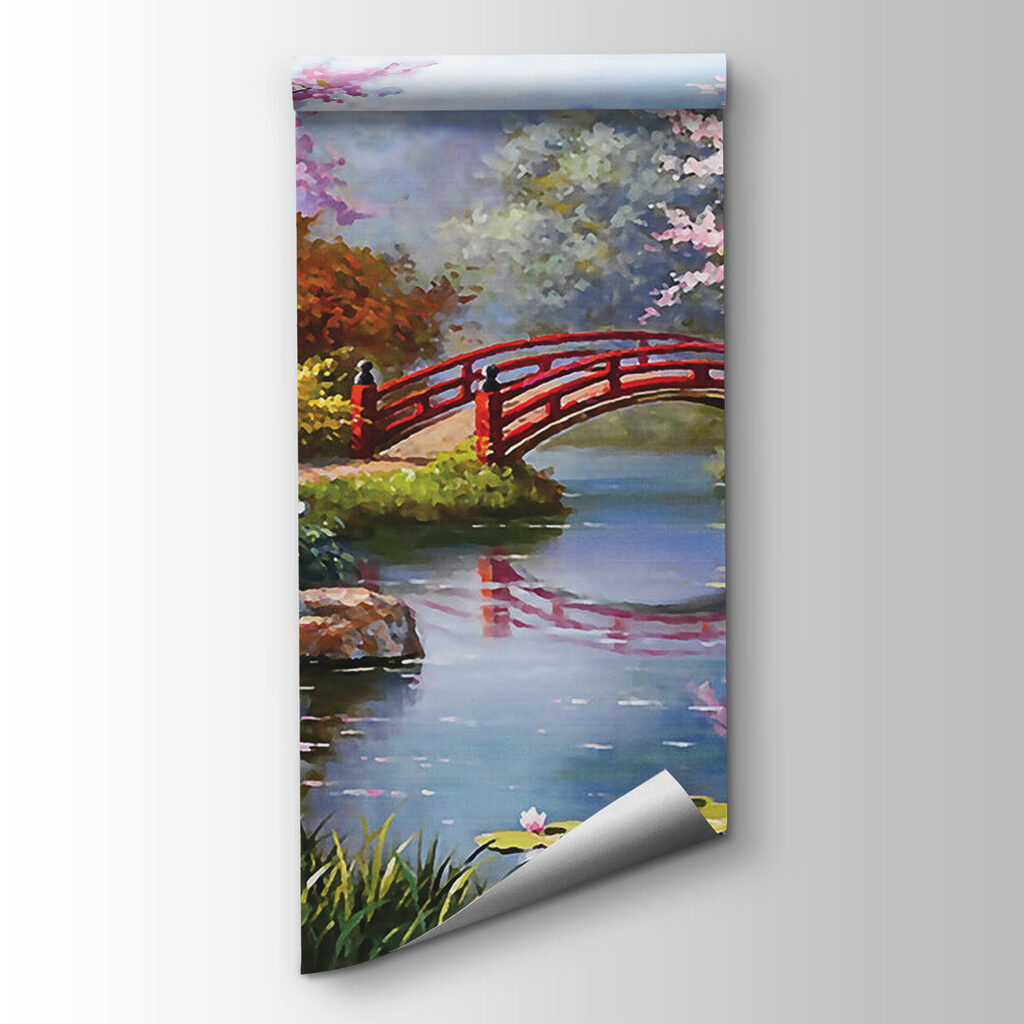 Painting of a pond with a bridge and flowers Painting of a pond with a bridge and flowers