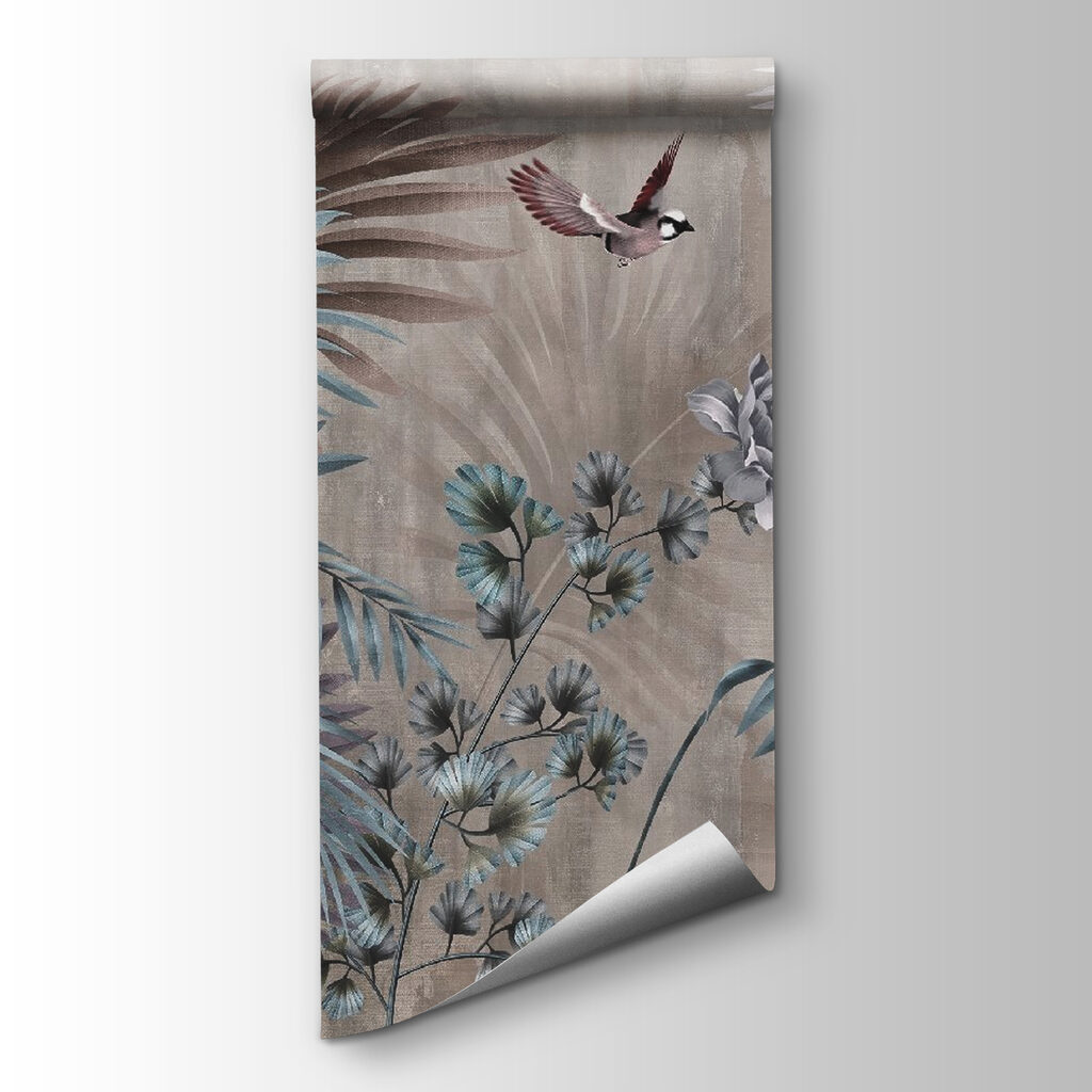 Wallpaper with birds and flowers