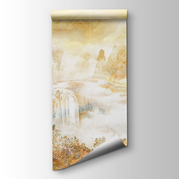 Painting of a waterfall and mountains