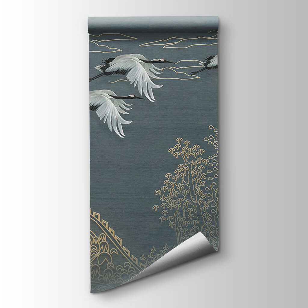 Painting of a landscape with cranes flying over a building Painting of a landscape with cranes flying over a building