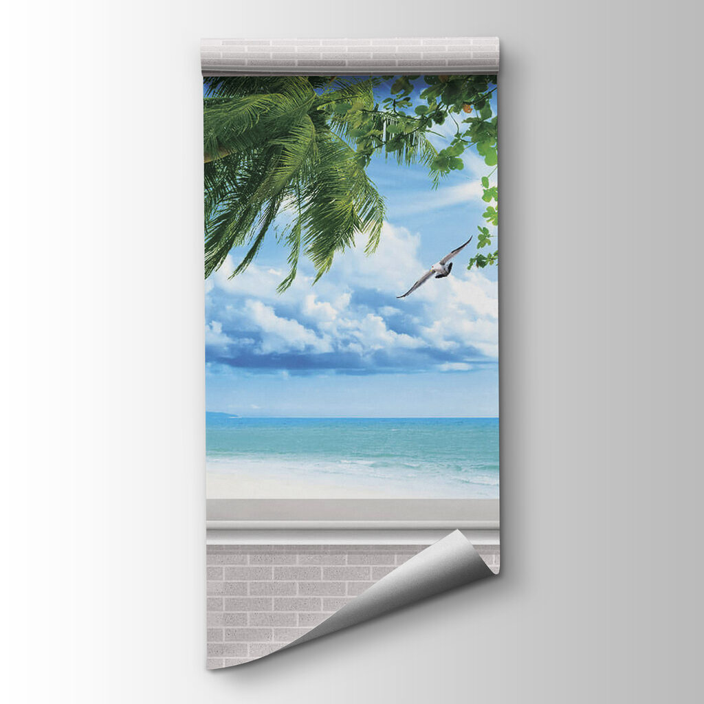 Window with a view of the beach and birds