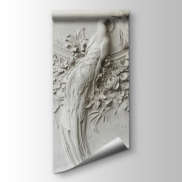 White wall with a couple of birds and flowers