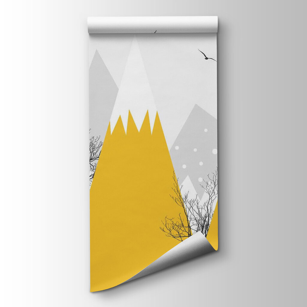 Yellow mountains with trees and birds