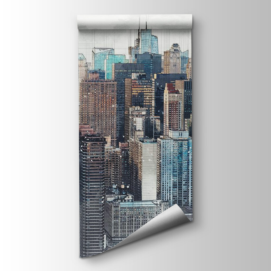 City skyline with many tall buildings