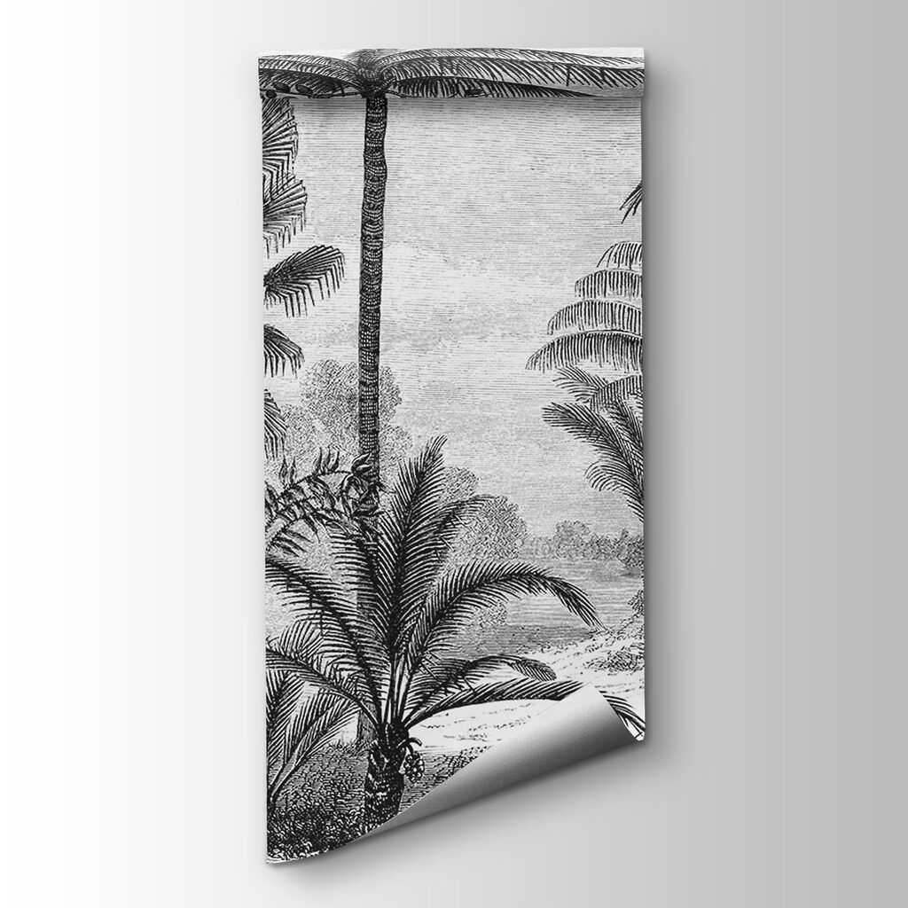 Black and white drawing of palm trees