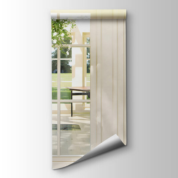 White patio door with glass windows and a potted plant from it