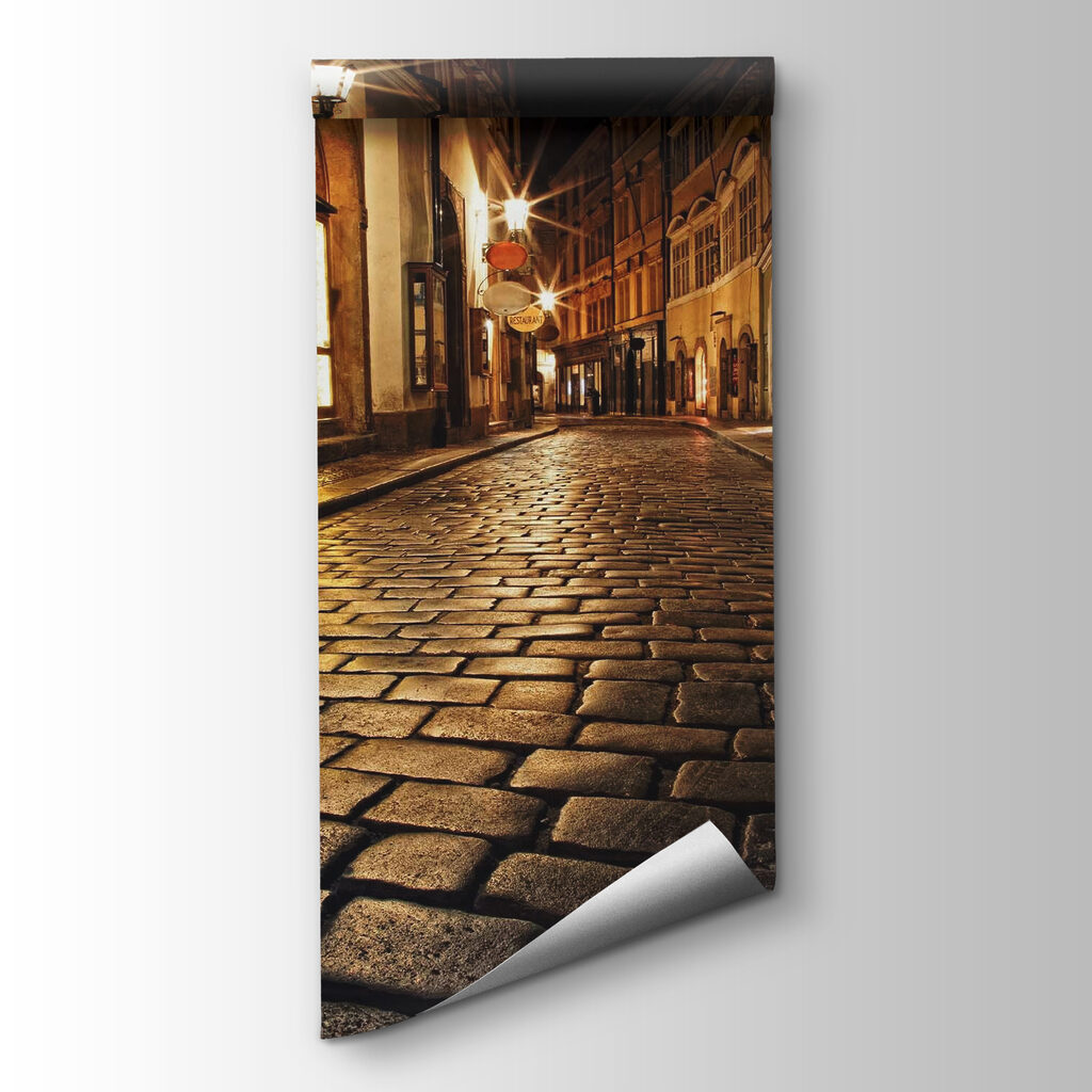 Stone street with buildings and street lights Stone street with buildings and street lights