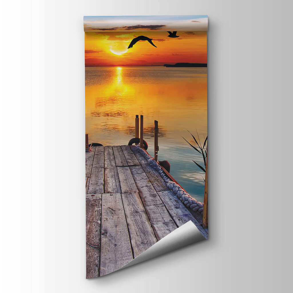 Dock with birds flying over water Dock with birds flying over water