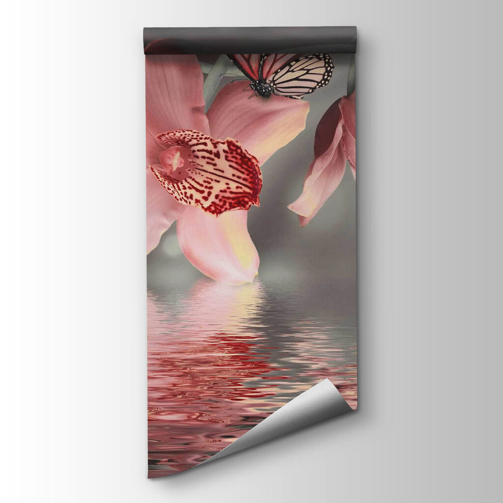 Pink orchids and butterflies on a branch