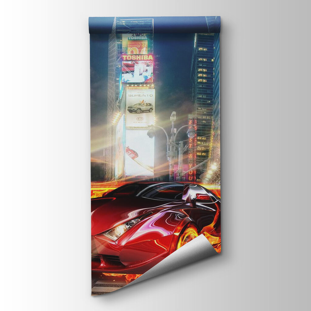 Car on fire in a city