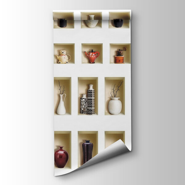 Wall with shelves full of vases and flowers