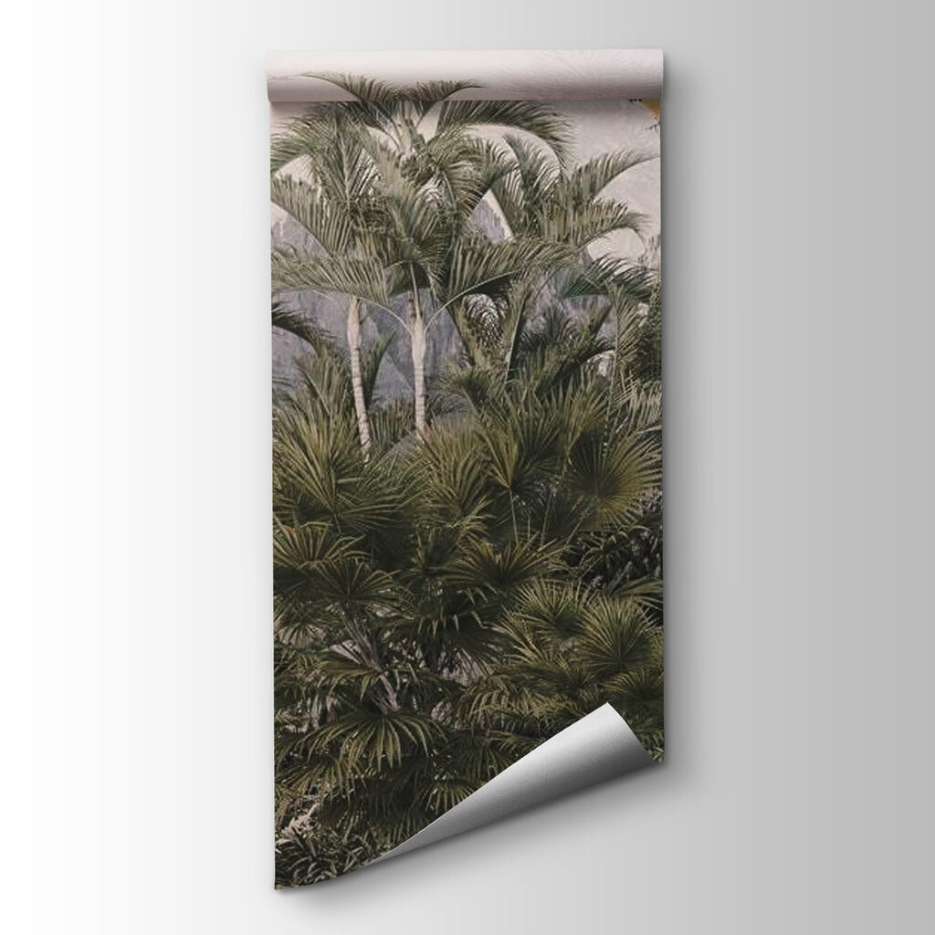 Tropical forest with palm trees and a bird flying Tropical forest with palm trees and a bird flying