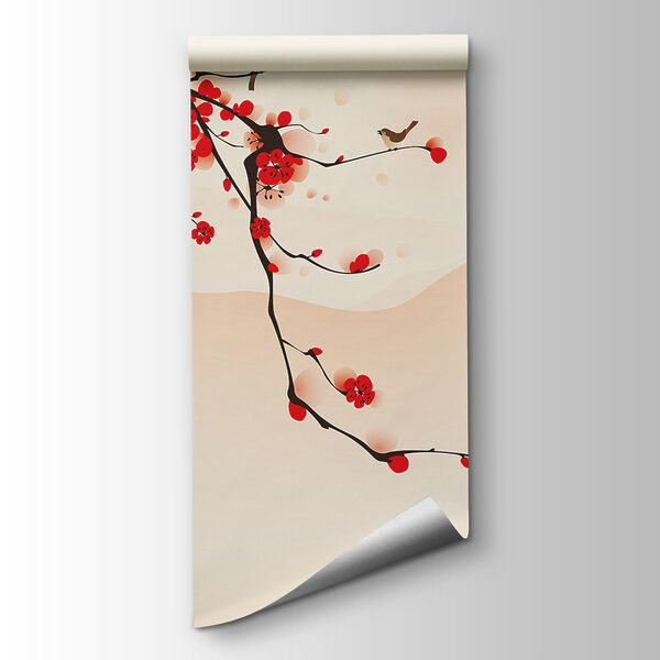 Branch with red flowers and birds flying in the sky