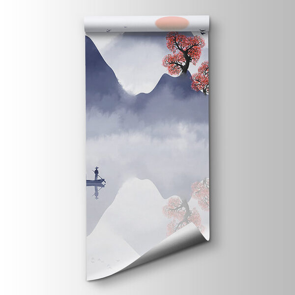 Painting of a boat on a mountain with trees and mountains in the background Painting of a boat on a mountain with trees and mountains in the background