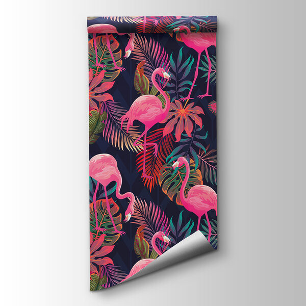 A pattern of pink flamingos and leaves A pattern of pink flamingos and leaves