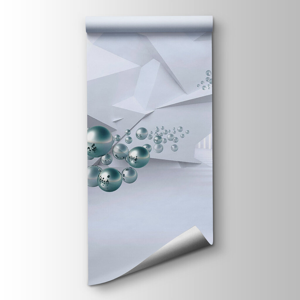 White room with white walls and white columns and silver balls White room with white walls and white columns and silver balls