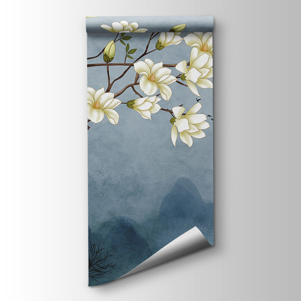 A painting of a tree branch with white flowers A painting of a tree branch with white flowers