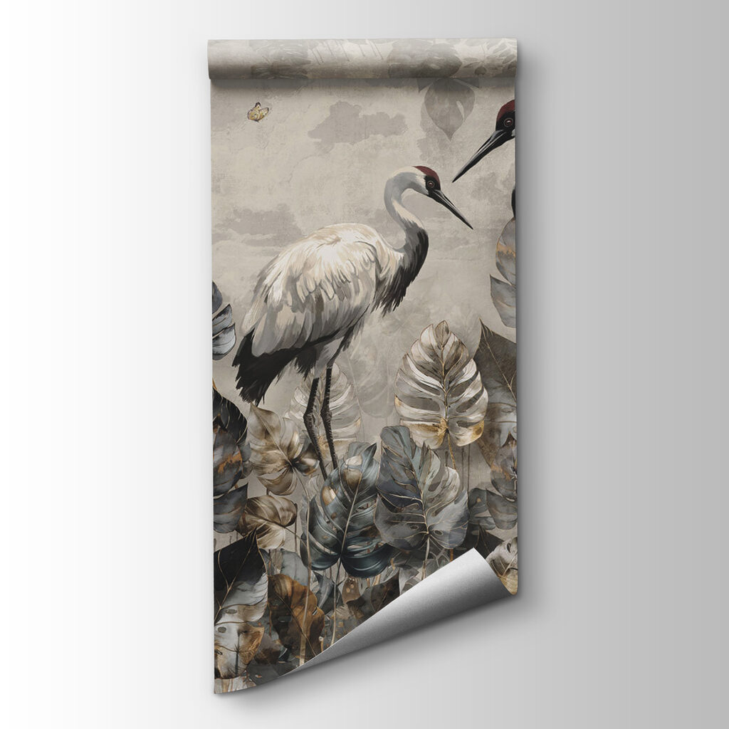 Couple of cranes standing in a field of leaves Couple of cranes standing in a field of leaves