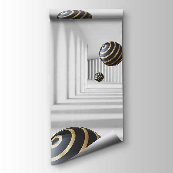 Striped spheres float in white corridor Striped spheres float in white corridor