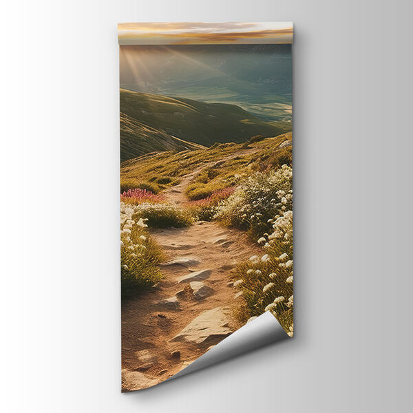 Path through a valley with flowers and mountains in the background Path through a valley with flowers and mountains in the background