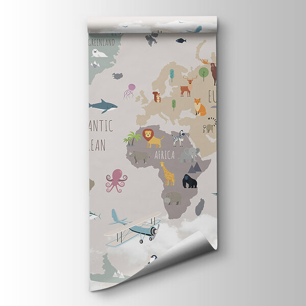 Map of the world with animals and birds Map of the world with animals and birds