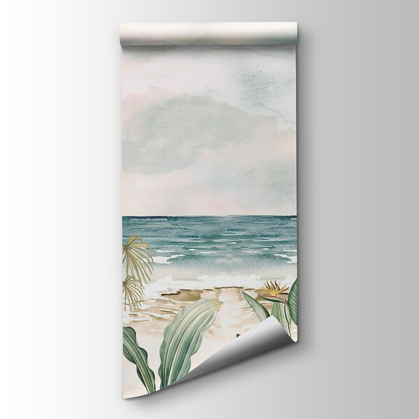 A painting of a beach with plants and a bird flying A painting of a beach with plants and a bird flying