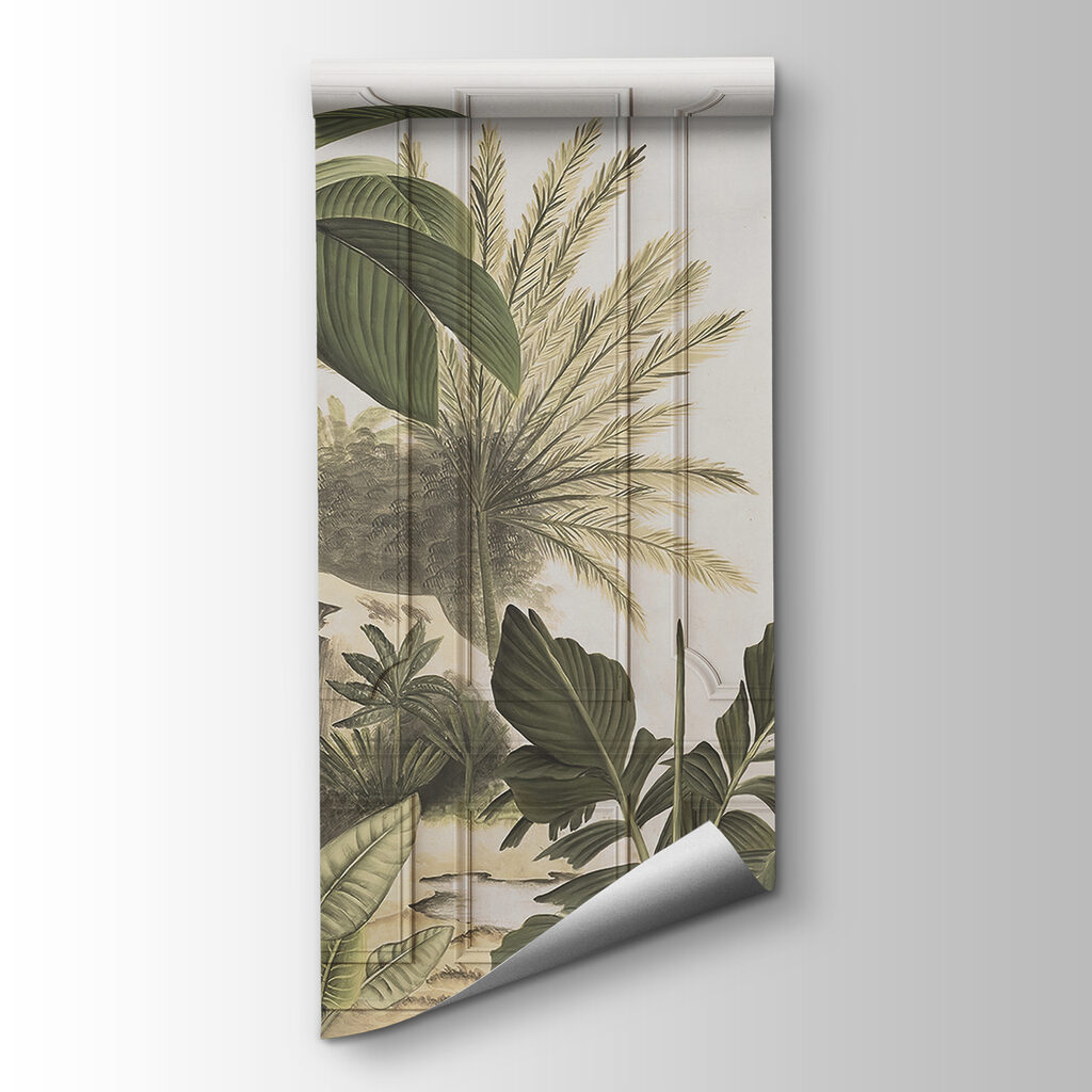 A wallpaper with a painting of trees and plants A wallpaper with a painting of trees and plants