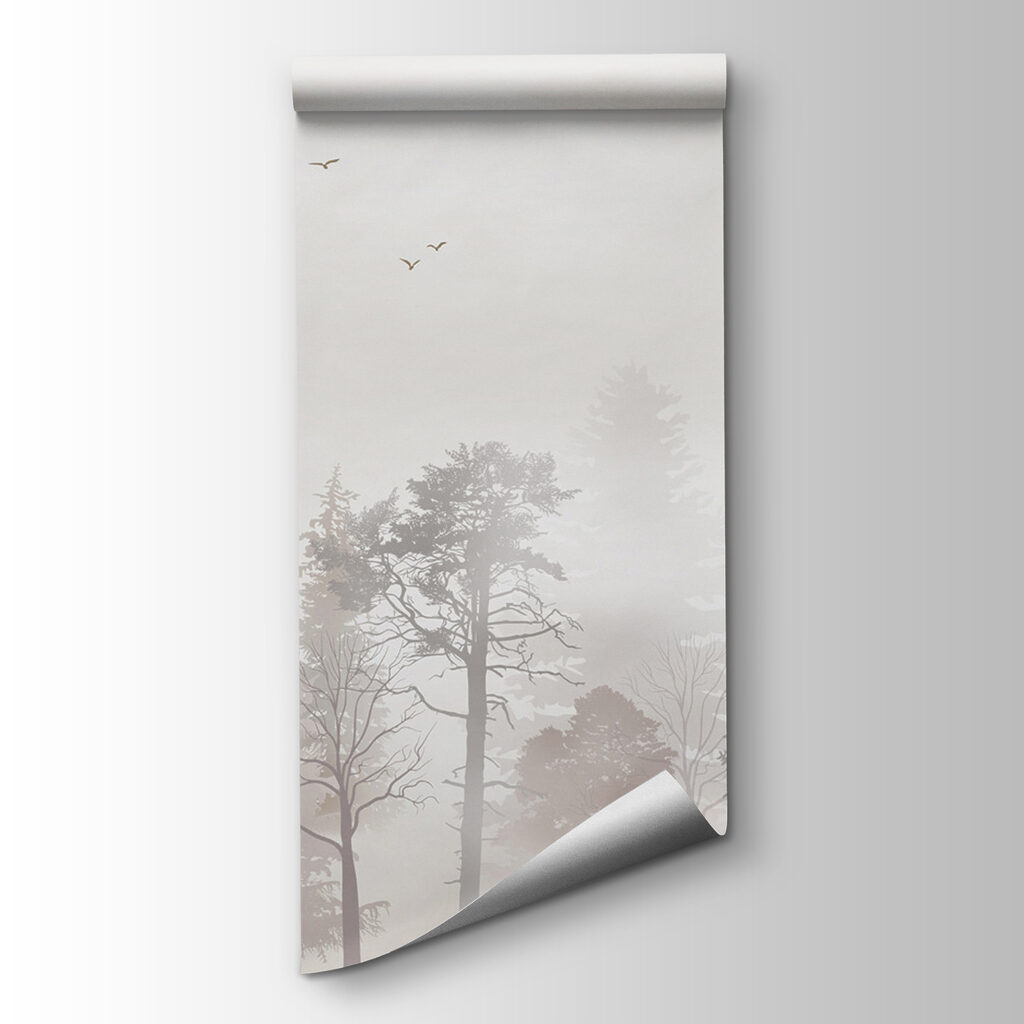 A group of trees in a foggy forest