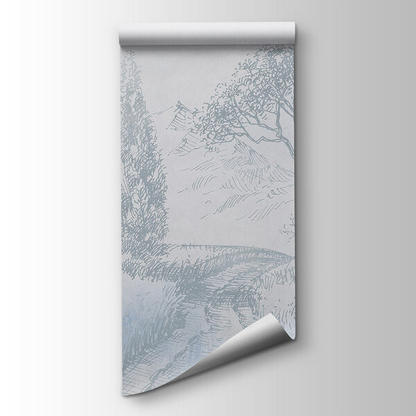 A drawing of a river with trees and mountains A drawing of a river with trees and mountains