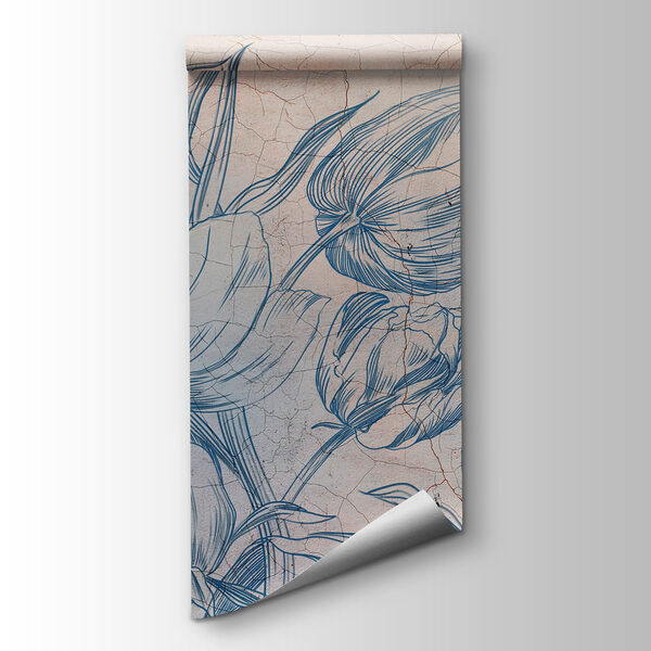 A drawing of flowers on a cracked wall