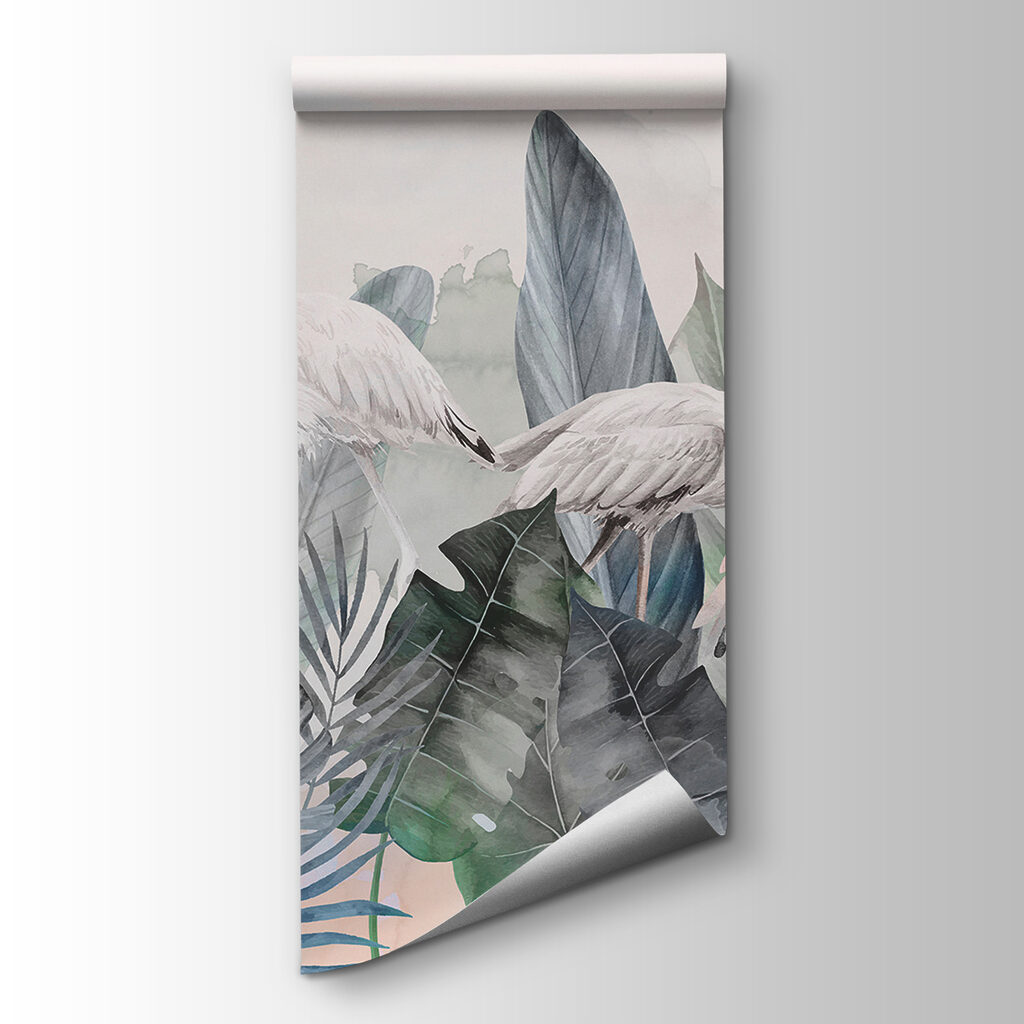 A group of flamingos and leaves