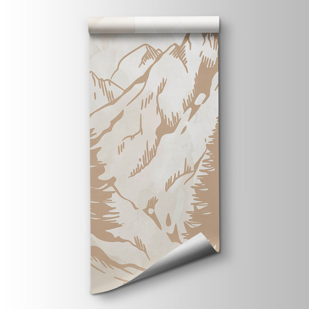 A drawing of mountains and trees